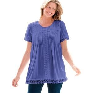 Woman Within Size 14/16 Tulip Purple Lace-Trim Pintucked Short Sleeve Tunic Top